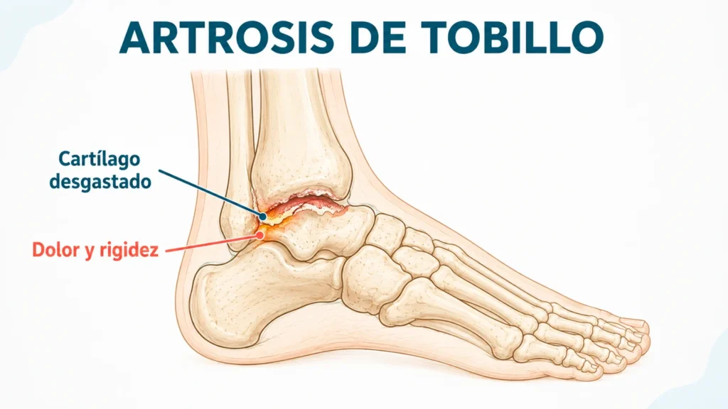 Ilustración de artrosis de tobillo con cartílago desgastado, dolor y rigidez en la articulación.