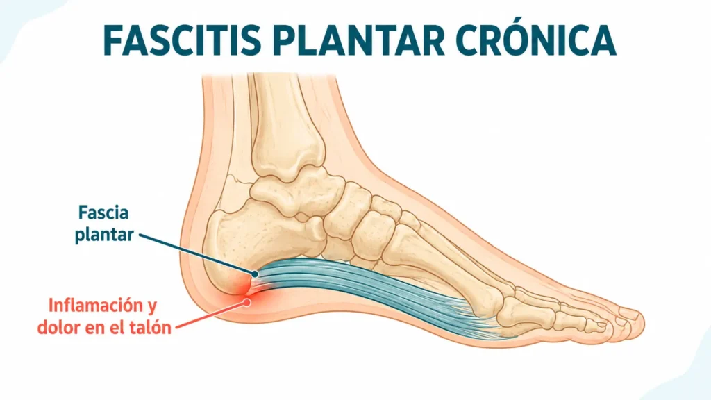 Ilustración anatómica de fascitis plantar crónica con la fascia plantar inflamada y dolor localizado en el talón.