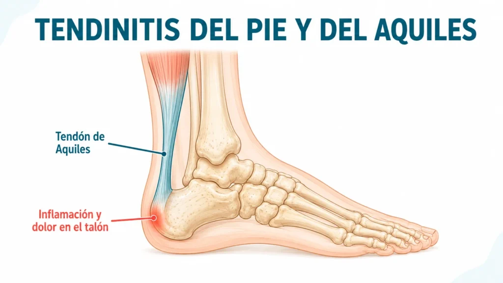 Ilustración anatómica de la tendinitis del tendón de Aquiles con inflamación en el talón