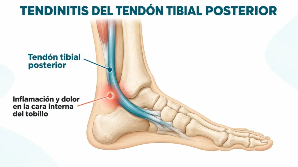 Ilustración anatómica de la tendinitis del tendón tibial posterior con inflamación en la cara interna del tobillo.